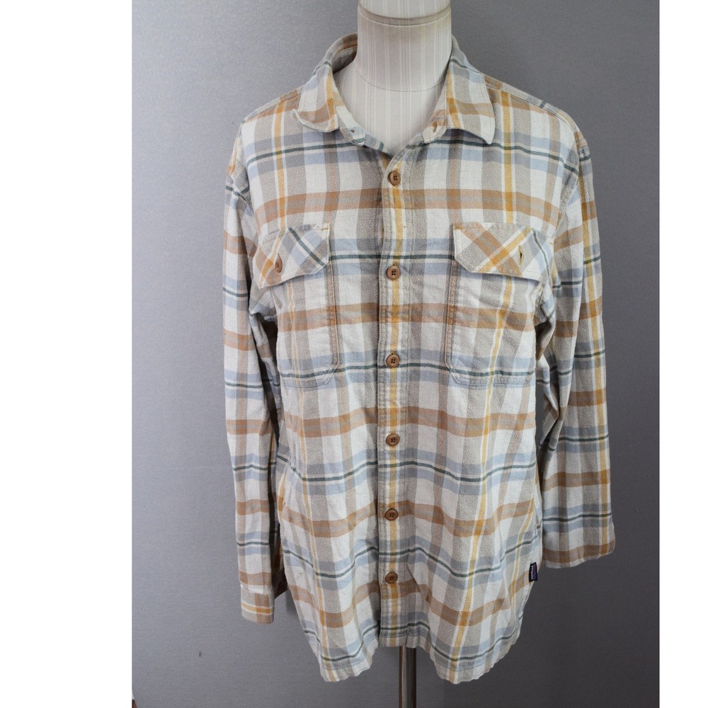 Patagonia Fjord Flannel Shirt Medium Tan Blue Plaid Organic Cotton Midweight